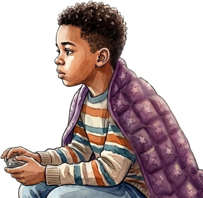 The little boy wrapped in the book’s distinctive purple star-patterned blanket